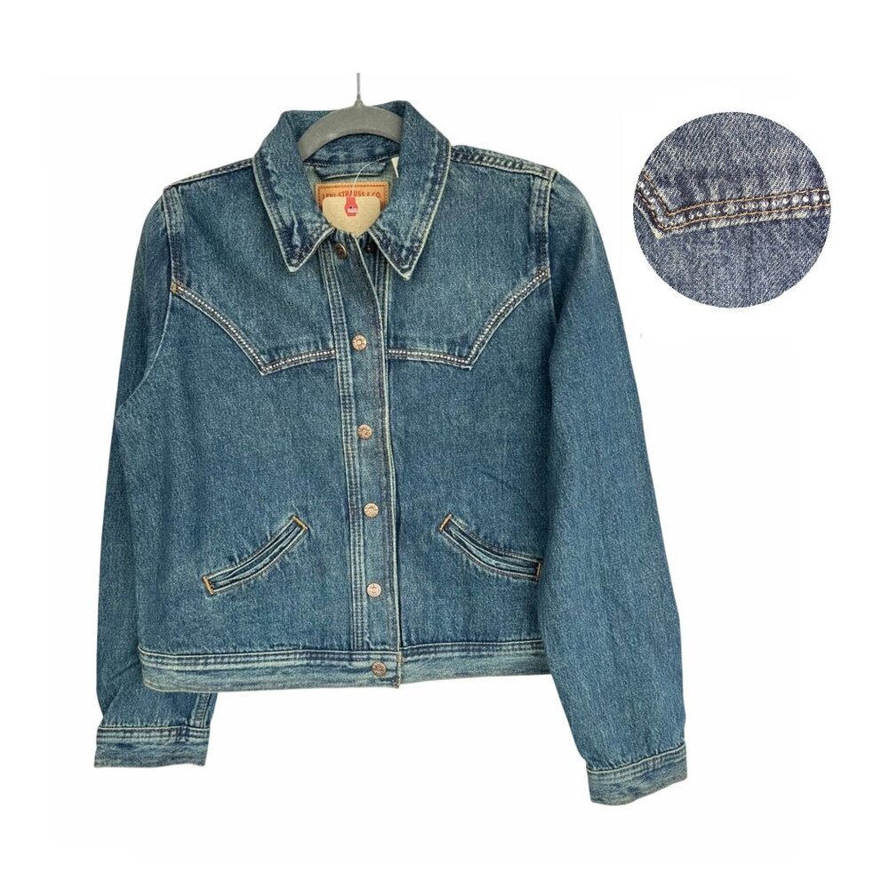 Vintage Denim Original Trucker Jacket Rhinestone Sz S Button Front Western Style